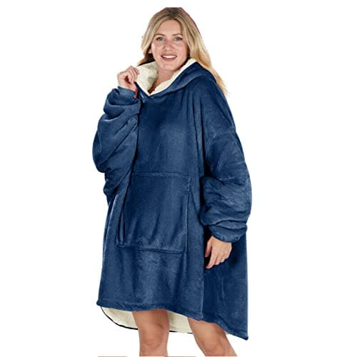 Image of Oversized Hoodie Blanket Women Ultra Plush Fleece with Soft Sherpa Reversible Warm Cosy Comfy Wearable Hooded Giant Sweatshirt Throw for Girls Adults Men Boys Kids Big Pocket (Navy Blue)