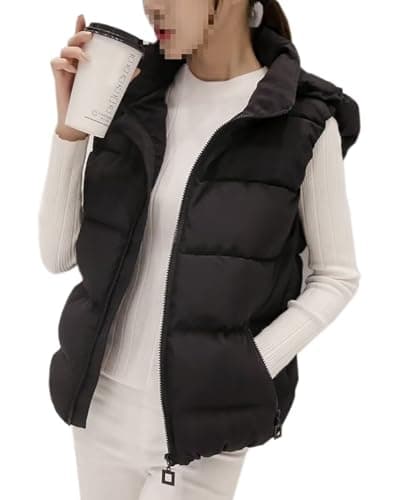 Image of WIEAYUMEI Womens Gilet with Detachable Hood Sleeveless Puffer Vest Zip Up Warm Jackets Lightweight Hooded Coats Stand Collar with Pockets Black L