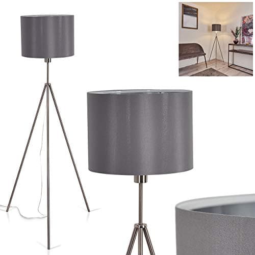 Image of Floor Light Malu, 1-Flame Floor Light Made of Metal in Nickel, 1 x E27, Round Floor Light with Fabric lampshade in Grey, Foot Switch on the Cable,Without Bulb