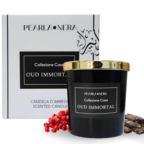 Image of Oud Immortal Scented Soy Candle by Pearla Nera | Rose, Woody, Balsamic Aromatherapy | Pink Pepper, Lime, Saffron, Clove | Long-Lasting Candle Gift Set Amber Jar