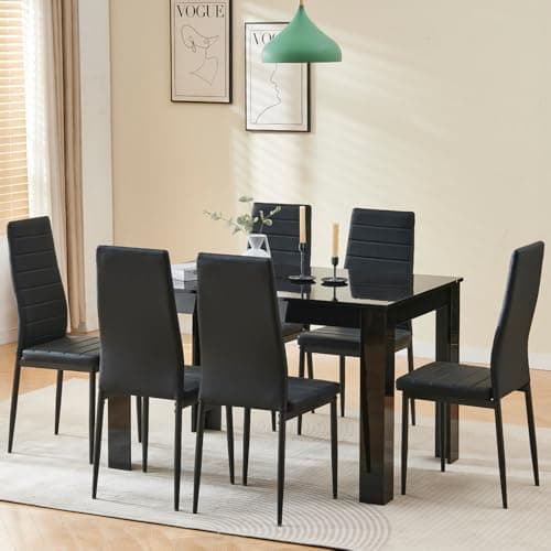 Image of Homullel 7 Piece Dining Room Table and Chairs Set for Dining Room Kitchen, Modern Black High Gloss Dining Table with 6 Black Leather Chairs for Family Dinner Set Space Saving