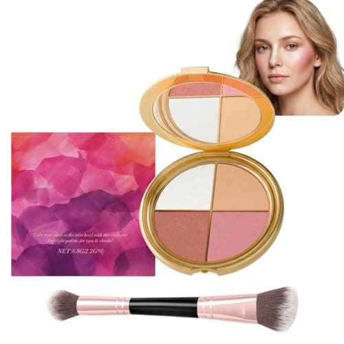 Image of 4-in-1 Make-Up Palettes - Blush Highlighter & Shimmer Eyeshadow Cheek Pallets - Multi-Purpose Face Makeup Palette with Double-Ended Brush - Portable Compact