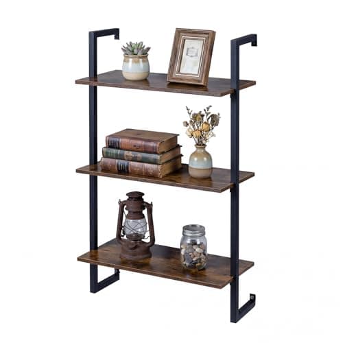 Image of COSTWAY 3-Tier Ladder Shelf, Floating Wall Bookshelf Open Display Rack, Metal Frame Wall Mounted Bookcase Storage Shelving Unit for Living Room, Kitchen, Office (Rustic Brown+Black, 53x23x90cm)