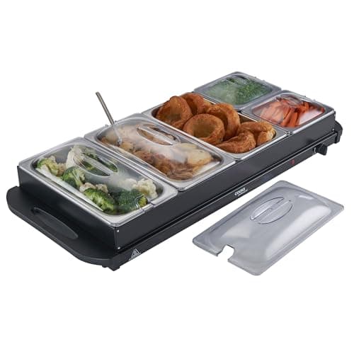 Image of Cooks Professional 5-Section Buffet Warmer 9.6 Litre Capacity with Hotplate Function & Adjustable Temperature Control Dial | 450W X-Large Portable Electric Food Serving Tray | Black