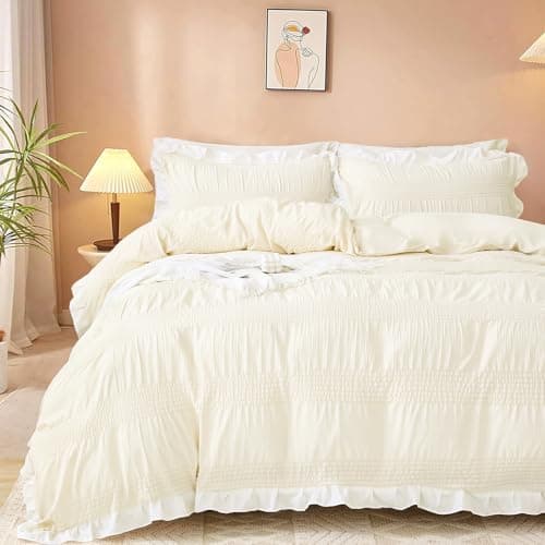 Image of Guchuang Bedding Cream White Seersucker Duvet Cover Set King Size, Ruffled Trim 3-Piece Microfiber Bedding Set - Wrinkle-Resistant & Lightweight Design with Hidden Zipper (King, 220x230cm)