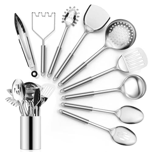 Image of Joyfair Stainless Steel Kitchen Utensils Set, 10 Pieces Cooking Utensils Set with Holder, Kitchen Gadgets Tools with Turner, Spoons, Tongs, Ladle, Pasta Server & Potato Masher, Dishwasher Safe