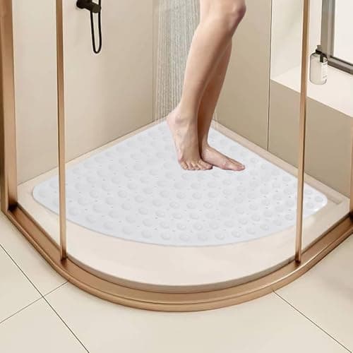 Image of Stowetry 65 x 65 cm Corner Shower Mat Non Slip Anti Mould, Large Rubber Curved Shower Mat, Soft Curved Bath Mats for Inside Shower with Drain Hole Massage,Machine Washable (white)