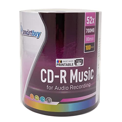 Image of Smartbuy 100 Pack Digital Audio CD-R Music 52X 700MB/80Min White Inkjet Hub Printable Blank Recordable Disc