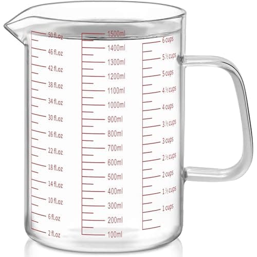 Image of Luvan Glass Measuring Jug 1.5L/6 Cup, Easy to Read with 3 Measurement Scales (Ml/Oz/Cup), Insulated Handle and V-Shaped Spout, High Borosilicate Glass Measuring Jug, Ideal for Kitchen or Restaurant