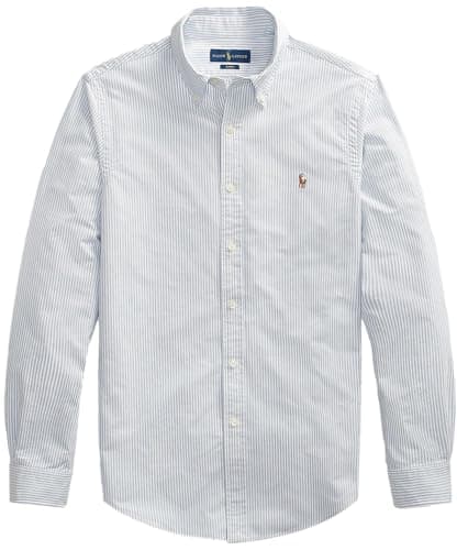 Image of POLO RALPH LAUREN Men's Long Sleeve Slim Fit Oxford Button Down Shirt, Rl Striped Blue/White, Medium