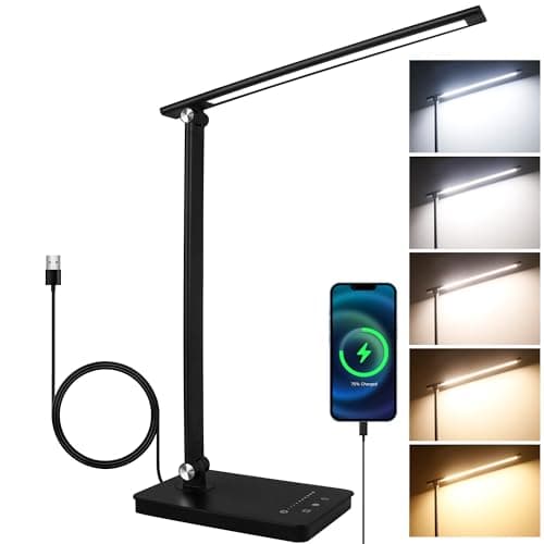 Image of Akynite LED Desk Lamp Dimmable with USB C Port, 5 Color Changing 10 Brightness, 45Min Timer Touch Control LED Desk Light, Foldable Lamp for Reading Studying Bedside Table, Memory Function, Black