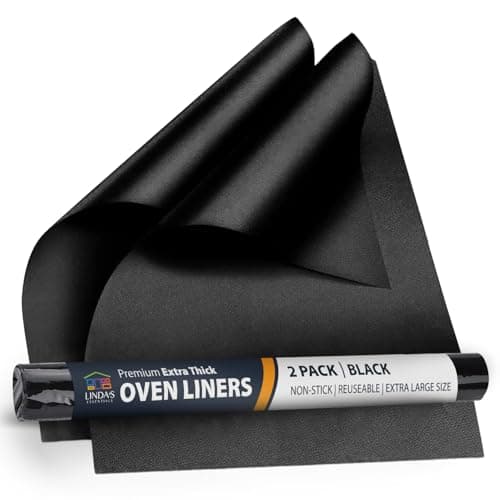 Image of Linda's Essentials Oven Liners for Bottom of Oven (2 Pack) - Universal Non-Stick Liner for Fan Assisted Cooking, 32 x 50 cm Kitchen Essentials, Protector Sheets, Save Time & Clean Easily (Black)