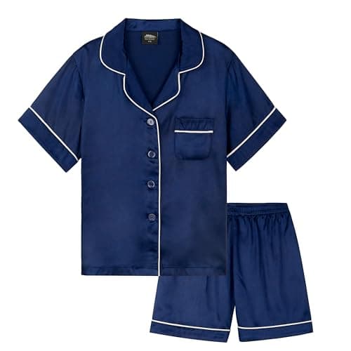 Image of CityComfort Girls Pyjamas for Kids & Teenagers Summer Nightwear Sets Button Down Satin Short PJs Breathable Soft Loungewear Short Sleeved Jammies for Girls (9-10 Years, Navy)