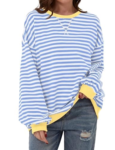 Image of TERIVEEK Women's 2000s Casual Loose Oversized Striped Crewneck Long-Sleeve Sweatshirt, Blue White, M