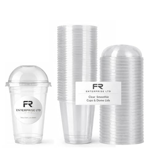 Image of FR Enterprises Strong Clear Smoothie Cups with Dome Lids - 100 Pack 10oz (296ml) Milkshake Reusable Plastic Cups for Iced Tea, Coffee, Cold Drinks