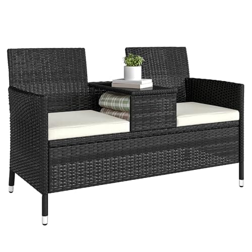 Image of Outsunny Garden Rattan 2 Seater Companion Seat Wicker Love Seat Weave Partner Bench w/Cushions Patio Outdoor Furniture (Black)