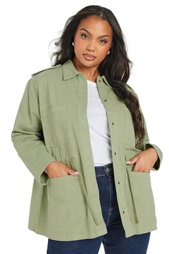 Image of Yours Curve Sage Green Utility Style Denim Jacket - Women's - Plus Size Curve