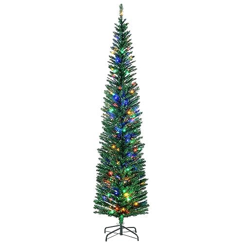 Image of HOMCOM 7.5ft Pre Lit Artificial Christmas Tree Holiday Décor with 200 Colourful LED Lights and 529 Tips, Pencil Shape, Steel Base