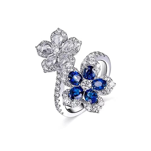 Image of IMINI Double Flowers Diamond Promise Ring for Women Girls Dainty Clear Cubic Zirconia Blue Crystal Climber Wrap Finger Band Engagement Open Statement Rings Wedding Bands Elegant Jewelry Gifts BFF
