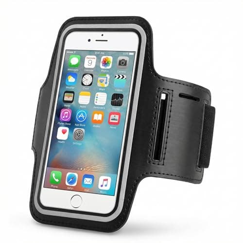 Image of Running Armband Phone Holder for iPhone & Samsung (6-6.8"), Adjustable Arm Band with Reflective Strip & Key Holder, Sweatproof Sports Phone Case for Running, Gym, Hiking - Fits Arm 20-35cm (1, Black)