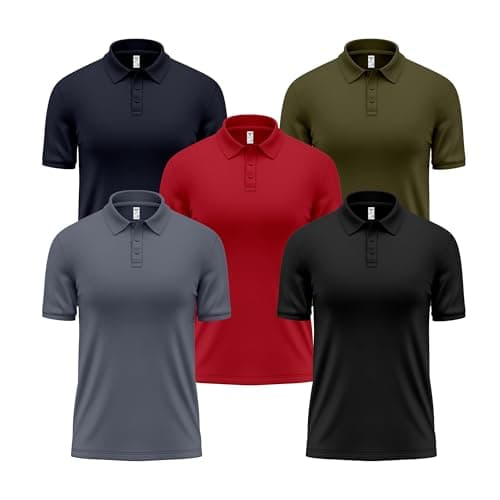 Image of Pack of 3/5 Mens Polo Shirts Short Sleeve Lightweight Quick Dry Golf Casual Collared Tops Moisture Breathable Wicking Work Shirts (UK, Alpha, M, Regular, Regular, Pack 5 Black Grey Navy Red Olive)