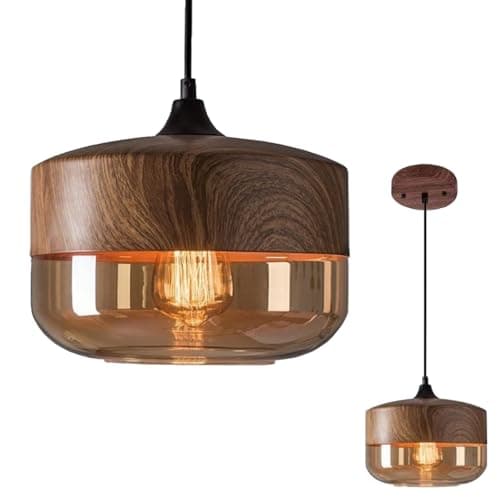 Image of KXEcoLife Modern Pendant Light,Retro Industry Glass Light,Metal Wood Grain Finish Lighting,Kitchen Island Lighting, Amber Shade Ceiling Light Fixture,Brown,25.4cm/10in