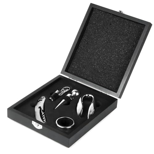 Image of bar@drinkstuff The Wine Connoisseur's Accessories Gift Set with Waiters Friend Corkscrew, Wine Collar, Foil Cutter, Bottle Stopper & Pourer in Gift Box Wine Set, Wine Tools Set