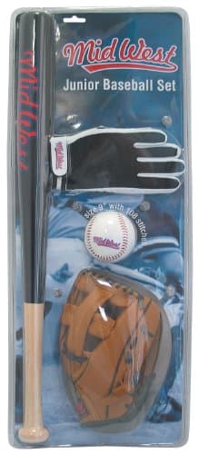 Image of Midwest Junior Basebal Set - Black/Brown/White, 24 inch Bat / 9.5 inch Glove / 9 inch Ball, one size