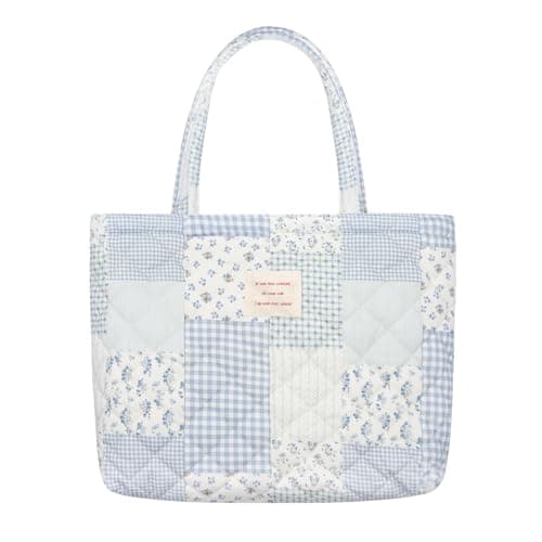 Image of LJCZKA Quilted Cotton Tote Bag for Women Floral Shoulder Tote Bag Large Capacity Casual Handbag for School Commute Travel