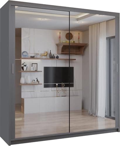 Image of SLIDING WARDROBE 4U Double Mirror Sliding Door Wardrobe with LED LIGHT 90/120/150/180/203 (Grey, 120cm)