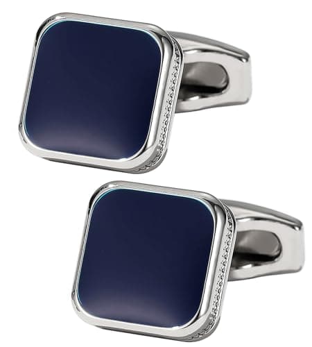 Image of Jonwo Classic Square Black/Blue Cufflinks for Men In Gift Case Handmade Silver/Black Tone Metal Men's Cufflinks Jewelry Set for Wedding Party Anniversary Business Events Dress (Silver and Blue)