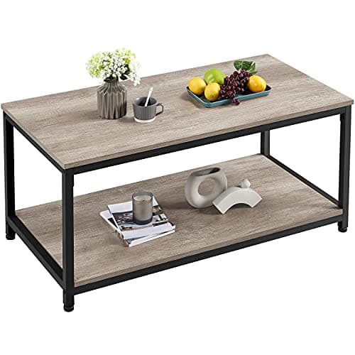Image of Yaheetech Industrial Coffee Table for Living Room, Large Side Table with Metal Leg and Storage Shelf, Grey, 100x50x45cm