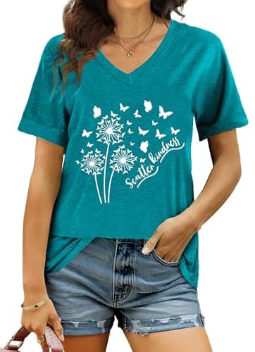 Image of tiorhooe V Neck T Shirts for Women UK Graphic T Shirt Ladies Casual Print V-Neck Short Sleeve Top (Cyan1,M)