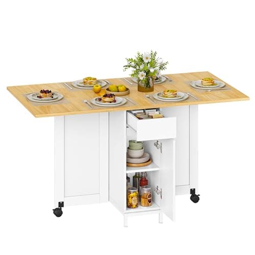 Image of Hzuaneri Folding Dining Table for 4-6, Drop Leaf Table with 4 Wheels & Storage Drawers, Cabinets and 2-Tier Open Shelves for Small Spaces, Kitchen, Dining Room, White-Oak KT14028W