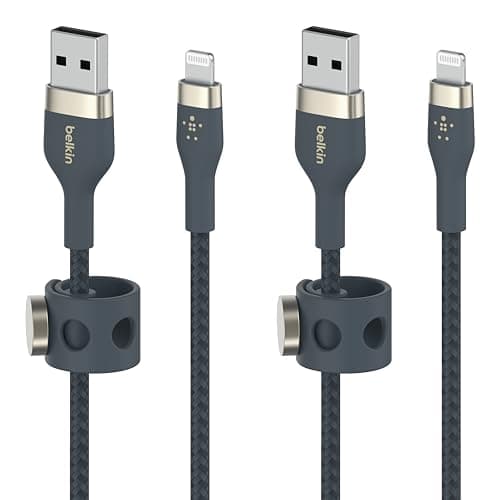 Image of Belkin BoostCharge Pro Flex Braided USB Type A to Lightning Cable (2M/6.6FT), MFi Certified Charging Cable for iPhone 13, 12, 11, Pro, Max, Mini, SE, iPad and More, 2-Pack, Blue