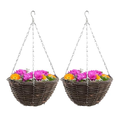 Image of ADEPTNA Set of 2 Round Garden Hanging Baskets with Lined - Natural Basket Hanging Plants Wall Flower Planter Pot with Detachable Hanging Chain for Home Garden Decoration (14’’ RATTAN BASKETS)