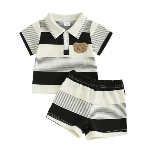 Image of BeliBacca Toddler Summer Bear Outfits Baby Boy Clothes Patchwork Striped Bear Embroidery Short Sleeve Button Shirt Top Shorts Set Infants 2 Piece Set (Black, 12-18 Months)