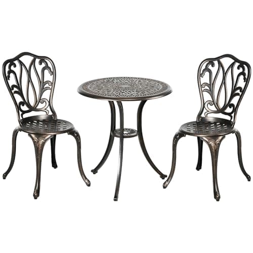 Image of Outsunny 3 Piece Garden Bistro Set, Cast Aluminium Outdoor Furniture Set with Umbrella Hole for Balcony, Porch, Patio, Bronze Tone