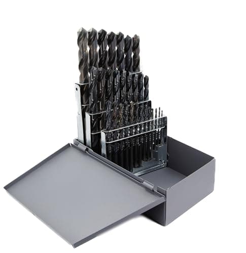 Image of Drill America D/A29J-SP-SET 29 Piece High-Speed Steel Jobber Length Drill Bit Set in Metal Case, Black Oxide Finish, Round Shank, Spiral Flute, 135 Degrees Split Point (Pack of 1)