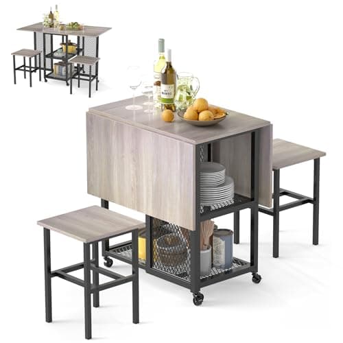 Image of GiantexUK 3 PCS Folding Dining Table and Stools Set, Drop Leaf Dining Room Set with 2-Tiers Storage Shelves & 6 Wheels, Space-Saving Kitchen Table and Chairs Set for Home Living Room Pub (Grey+Black)
