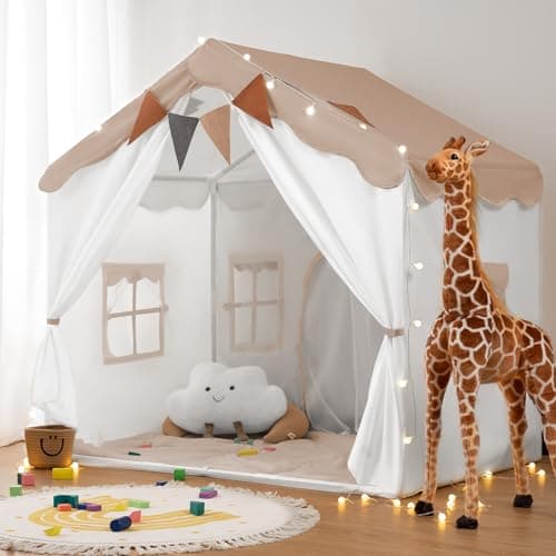 Image of besrey 2-in-1 Kids Play House Tent for Girls & Boys – Indoor Toddler Tent with Lights & Pad, Children Tents for Kids & Toddlers, Large Bed Tents, Princess Playhouse with 2 Doors brown