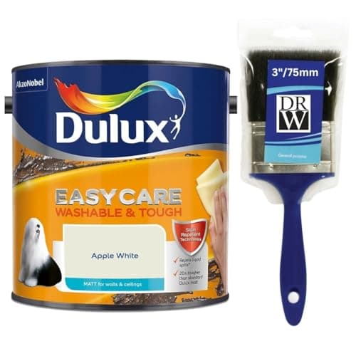 Image of Apple White Dulux Easycare Matt Emulsion Paint 2.5L + 3" Emulsion Paint Brush – Washable & Stain Resistant, Durable Matt Finish, Quick Dry, Low Odour Interior Wall & Ceiling Paint