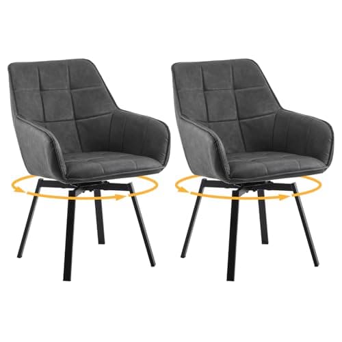 Image of LEMROE 360° Swivel Dining Chairs Set of 2 Grey Faux Leather Upholstered Kitchen Chairs without Wheels Ergonomic Office Desk Chair with Arms and Metal Legs for Home Restaurant
