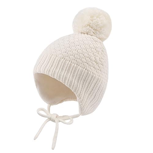 Image of MniJiza Baby Girls Winter Hat Toddler Earflap Pompom Beanie Hat Infant Boys Fleece Lined Hats Baby Knit Hat Fall (0-6M, White)