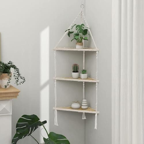 Image of Hanging Corner Shelf White Floating Shelves Wall Hanging- Macrame 3 Tier Corner Shelf Plant Wall Decor Boho Rustic Wooden Storage Orgnizer for Bedroom Living Room Pots Photos