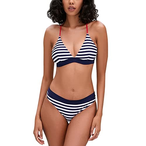 Image of iSLASISIA Women’s Bikini Swimsuit Criss Cross Back Triangle Bikini Tie Back Bikini Set Two Piece Swimsuits (Blue & Stripes,UK10)