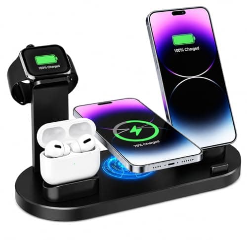 Image of OKLI 6 in 1 Charging Station for Apple Devices, Wireless Charger Stand for iPhone, Apple Watch & AirPods, Multi Device Charging Dock with USB C & Multiple Connectors for Desk & Bedside (Black)