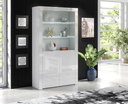Image of Furneo Clifton 20 – White Display Cabinet, Modern 2-Door Cupboard, High Gloss & Matt Finish, White LED Lights