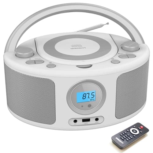 Image of WISCENT Portable CD Player with Bluetooth Boombox, FM Radio Stereo Sound, USB, 3.5mm AUX Port & Headphone Jack, Mains or Battery