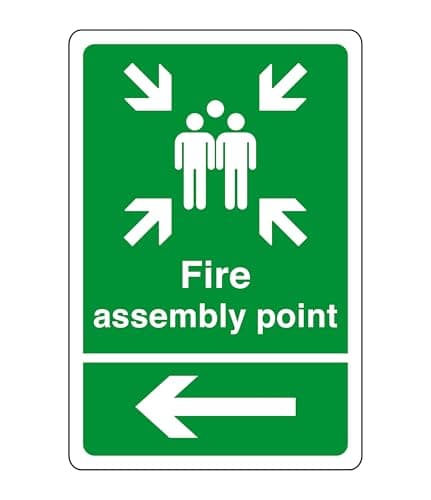 Image of Fire assembly point arrow left sign - safety sign - business signs, carpark safety signs - High tack self-adhesive sticker (300mm x 200mm) Viewing Distance within 7m.